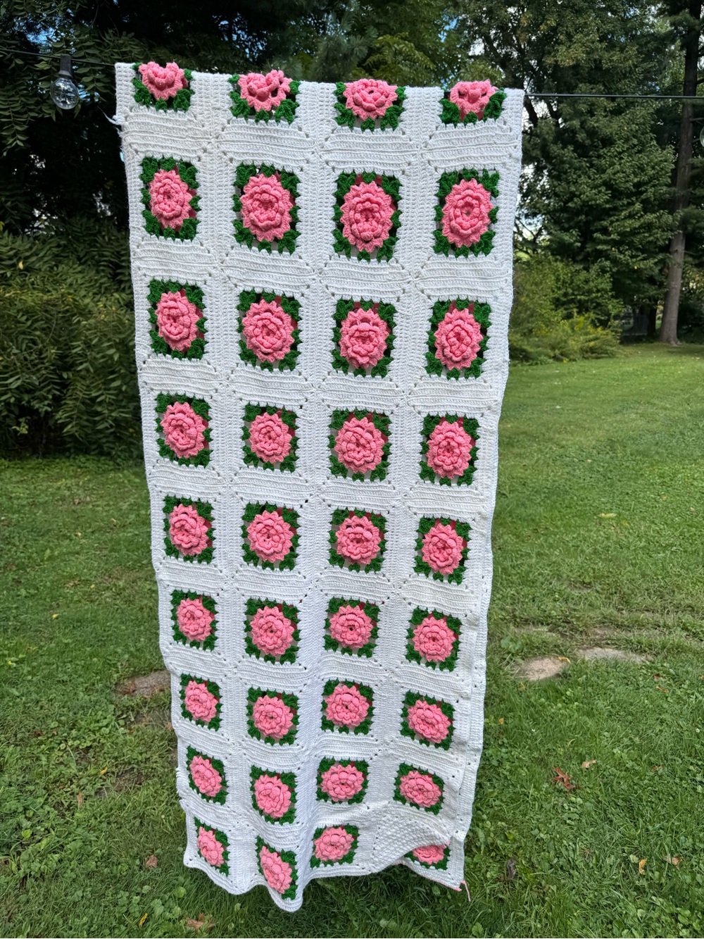 Vintage Handmade Crochet 3D Rose Granny Square Table or Bed Runner Pink Green